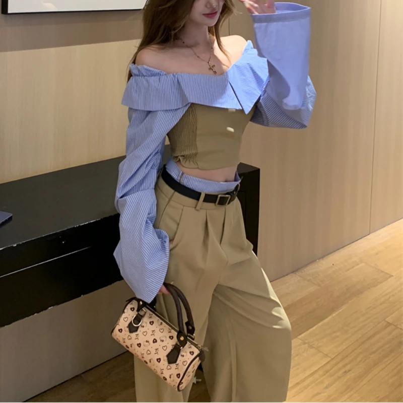 2024 Autumn New Off-shoulder Striped Sexy Long Sleeve Shirt Women + Contrast Color Patchwork Loose Wide Leg Pants Two-piece Suit