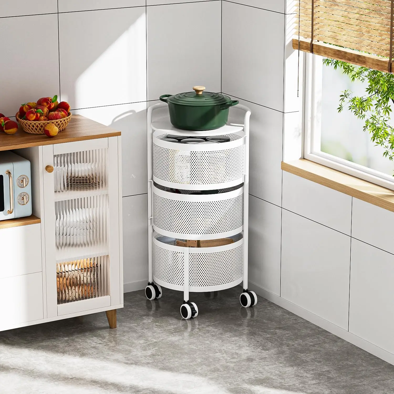 

Fruit and Vegetable Basket Bowls for Kitchen with Metal Top Lid, 3 Tier Rotating Storage Rack Cart for Potato Onion Bread Banana