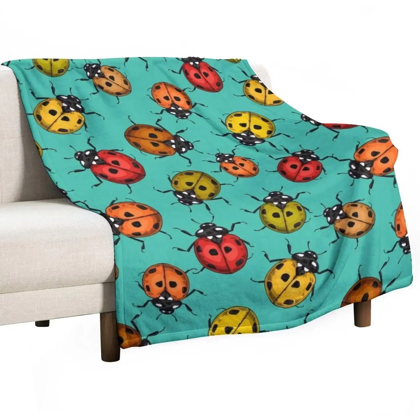 Colorful ladybugs on turquoise Throw Blanket Vintage bed plaid Multi-Purpose Blankets