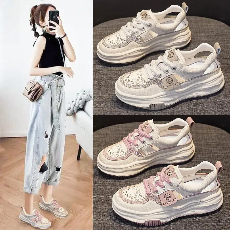 

Casual Breathable Women's Leather Hollow out Sneakers Sandals Versatile Korean Style Summer Fashion Flat Heel Rubber Sole