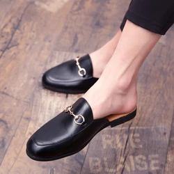 2023 Summer British Style Daily Outdoor Men's Leather Mules Shoes Fashion Black White Hombre Slip-On Casual Slipper #38-45