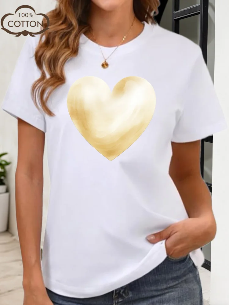 淡い黄色のハート レディース グラフィック Tシャツ 綿 100% クルーネック 半袖 Tシャツ カジュアル 夏 ファッショナブルなトップス
