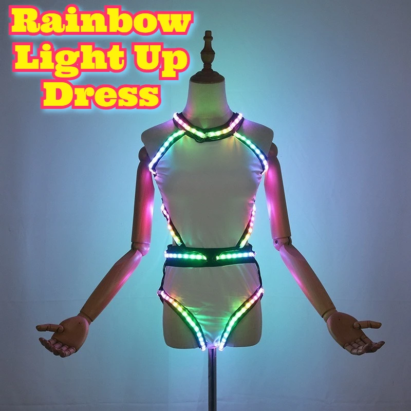 Vestido con luz LED de arcoíris, disfraz de escenario actuación, ropa brillante, ropa de fiesta, Club, KTV, club nocturno, entretenimiento, ropa Flash