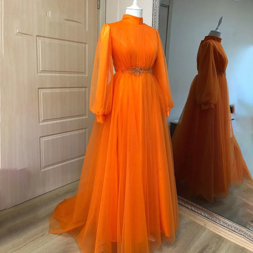 

Orange Caftan Prom Dresses Moroccan Applique Formal Party Gown Arabic Dubai Muslim A Line Long Tulle Women Evening Dresses