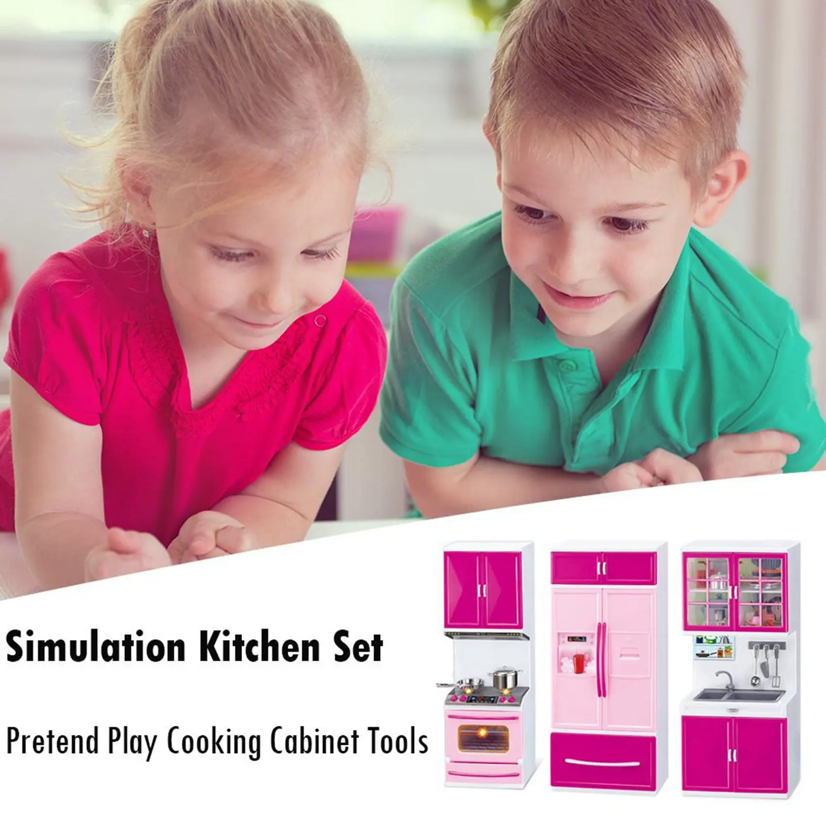 Simulation Kitchen Cabinets Set Children Pretend Play Cooking Tools Mini Tableware Sets Toys Girls Dollhouse Playset