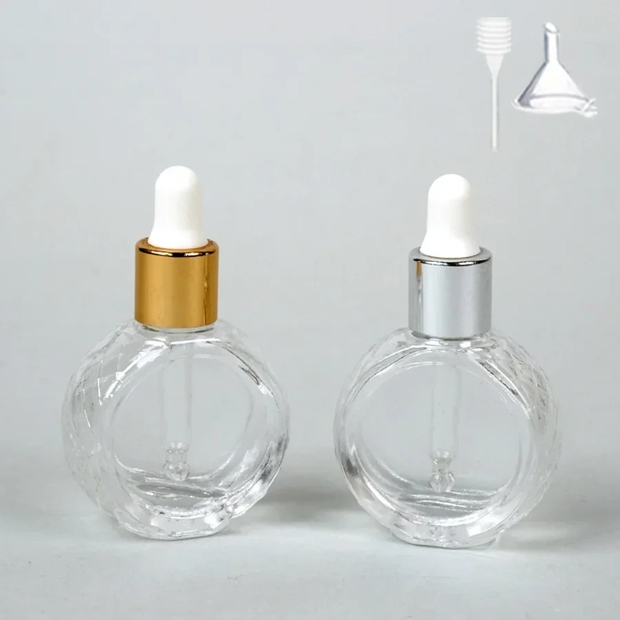 1/2 pezzi + 2 accessori Flacone contagocce trasparente piatto rotondo in vetro da 10 ml, inclusi 2 flaconi spray, 1 imbuto e 1 cannuccia a molla
