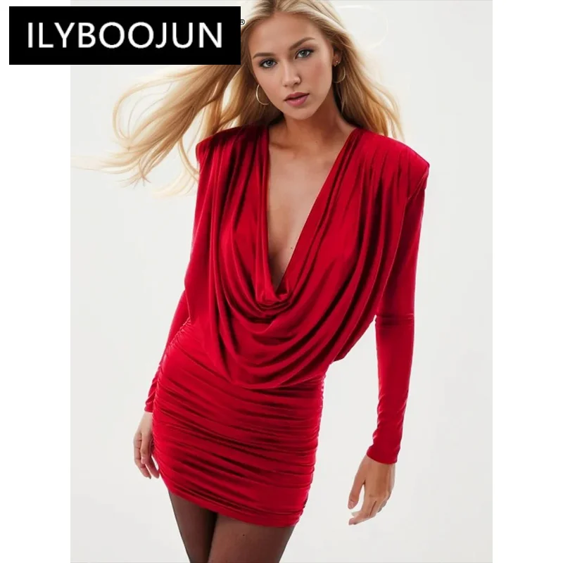 

ILYBOOJUN Solid Patchwork Folds Mini Dress For Women Swinging Collar Long Sleeve High Waist Temperament Dresses Female New