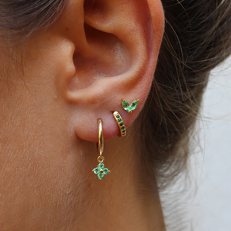 Juego de pendientes colgantes de circonita verde para mujer, aretes colgantes de flores de acero inoxidable, Piercing para cartílago, joyería