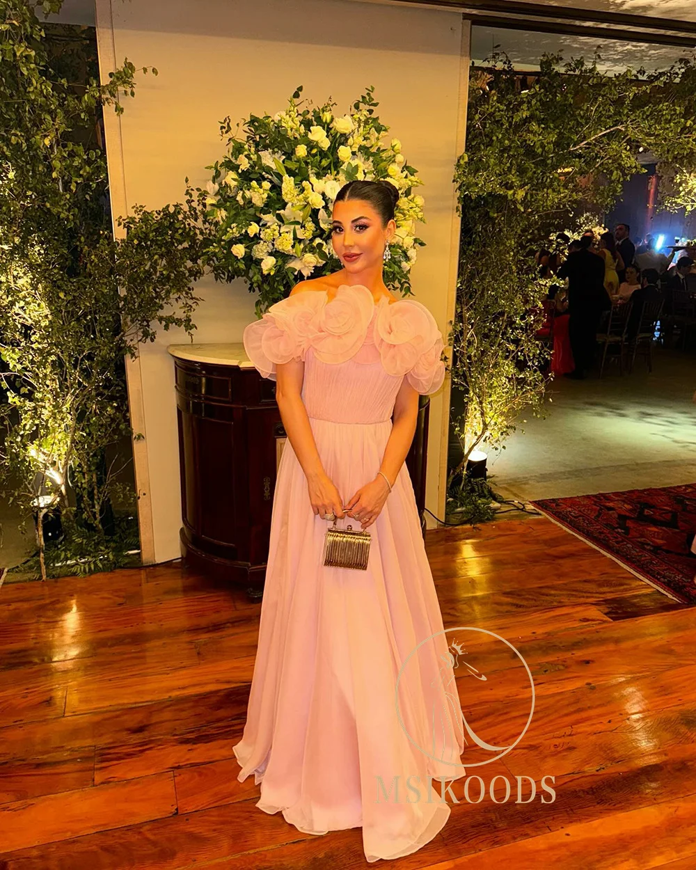 Msikoods Różowe Sukienki Wieczorowe 2025 Kwiatowa Plisowana Sukienka na Bal Specjalna Okazja Sukienka Damska Formalna Suknia dla Gościa Weselnego Szyta na Miarę