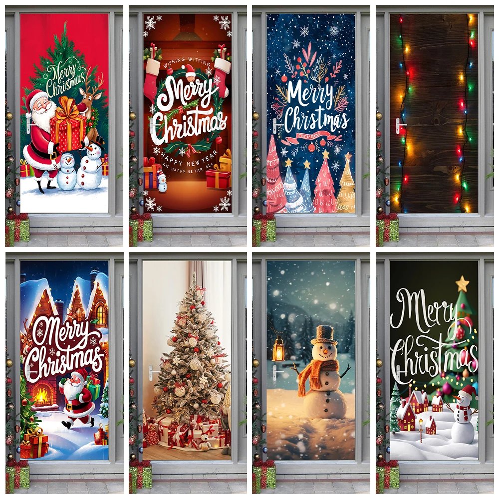 

Merry Christmas Welcome Door Decoration Sticker Removable Creative Santa Claus Festival Mural Bedroom Entrance Door Wrap Sticker