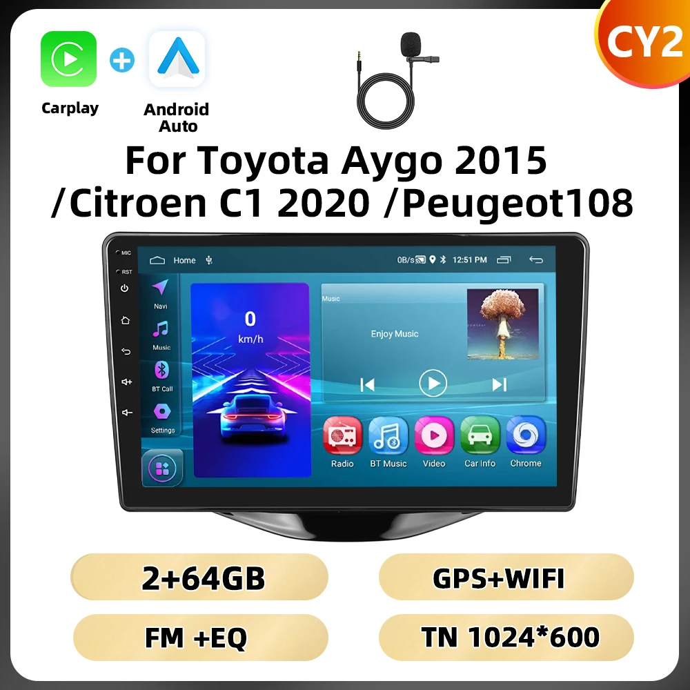 Podofo 8Core 2Din Autoradio Voor Toyota Aygo 2015/Citroen C1 2020/Peugeot 108 Multimedia Speler navigatie WIFI 4G Carplay DSP