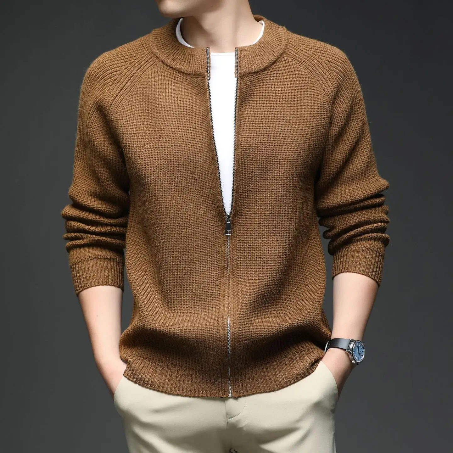 

Мужской вязаный кардиган с воротником-стойкой на молнии, теплый свитер, верхняя одежда, модный, осенне-зимний, новый, удобный, из полиэстера