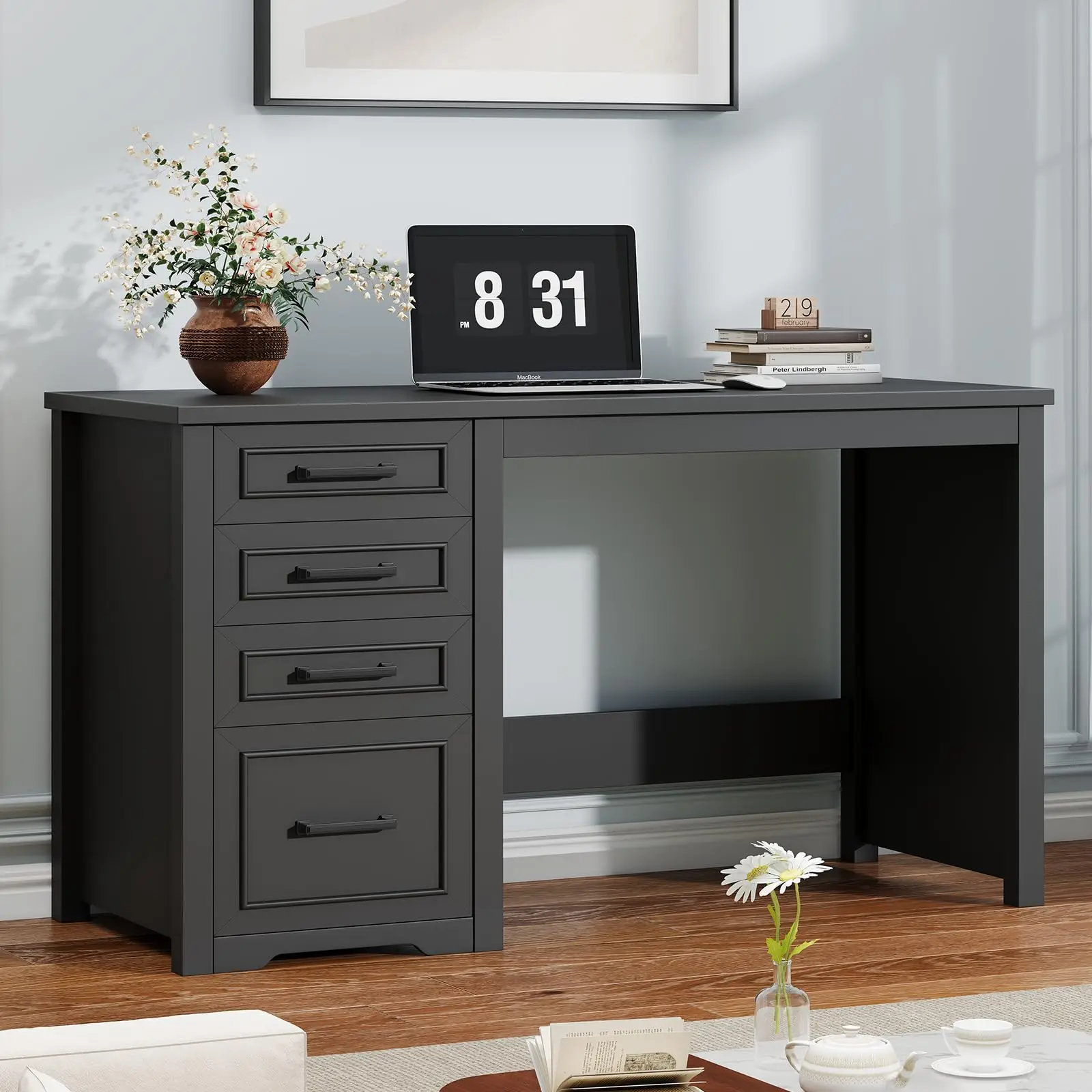 Farmhouse 49” Executive Desk with File Drawer, Black | 4 Drawers Reversible Computer Desk with Storage, Rustic Home