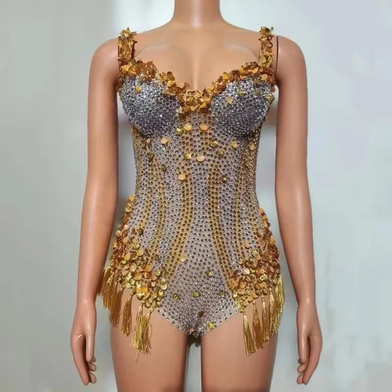 

Bodysuit Sparkly Gold Bar Nightclub Sling Full Rhinestones Sequins Party Disco Sleeveless Leotard DJ Singer Sexy Stage Costume