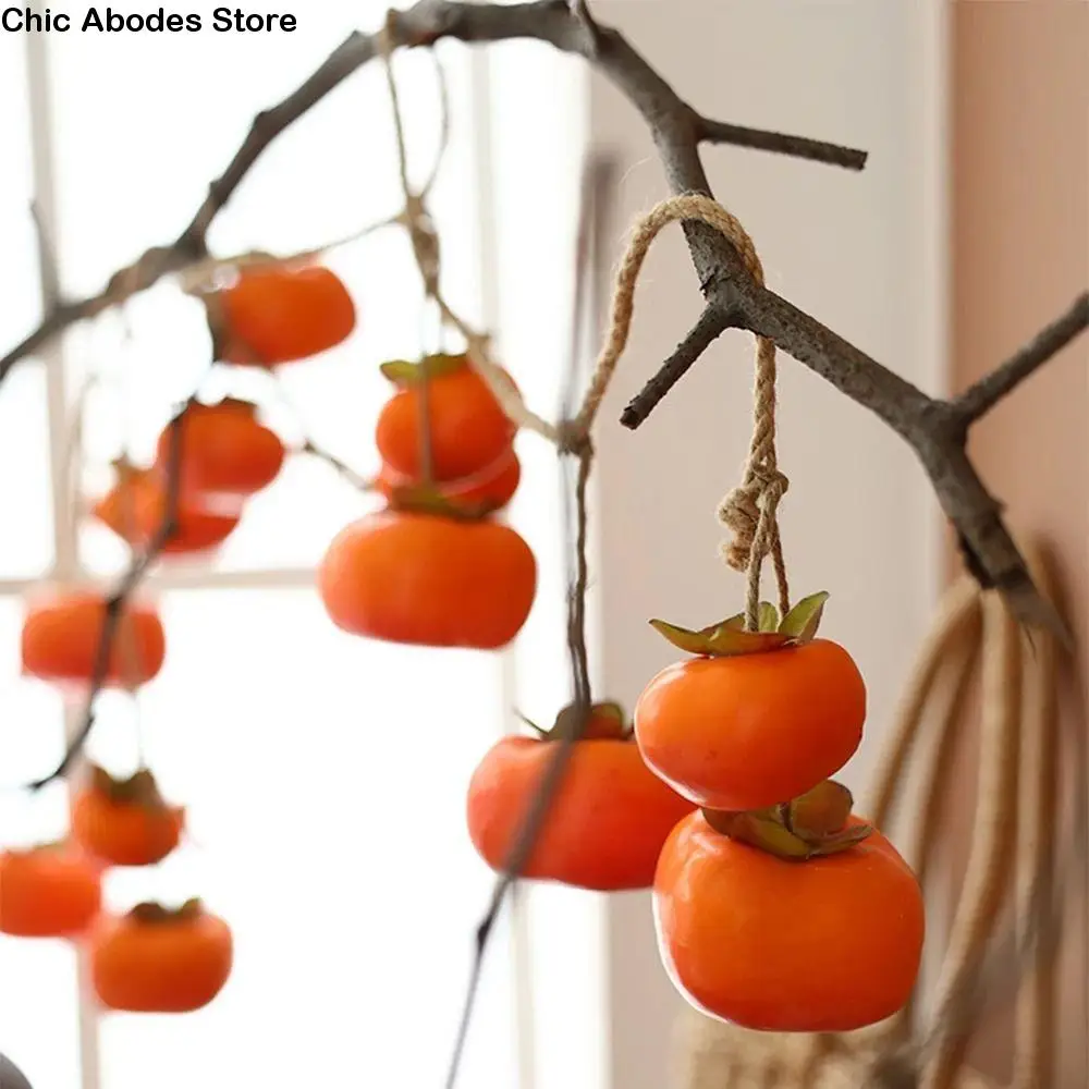 Simulation Persimmon Fruit with Frost Fruit Branch Wall Hanging Ceiling Decoration Leaves Plastic Artificial Persimmon Pendant