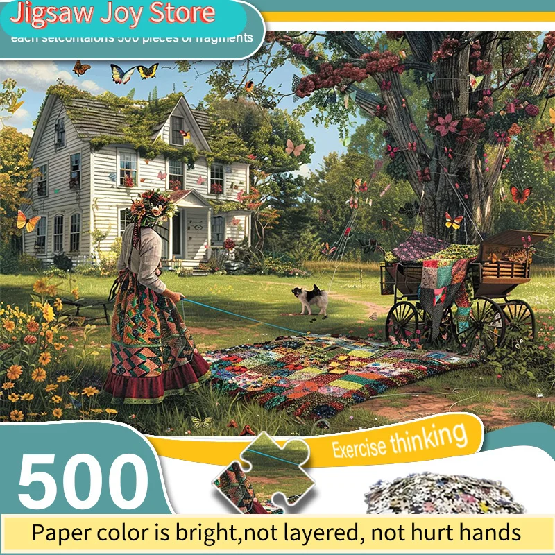 女の子が犬を連れて歩いているデザインの大人用ミニパズルの箱 - 傷つきにくい、挑戦的、大人、家族に適しています