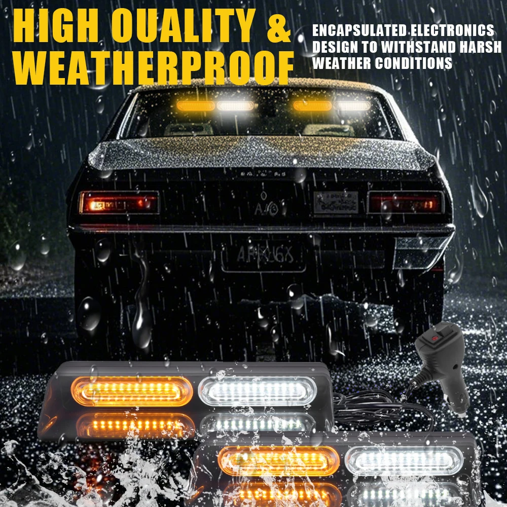 4*12 LED Dash LED Strobe Light 12V Interior Windshield  Front Rear Flashing Warning Light Safety Beacon Amber Strobe Lamp Plug