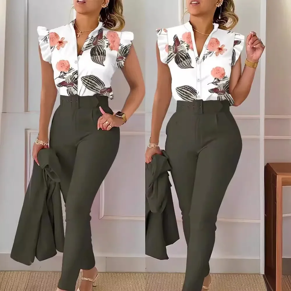 Amazon Best Selling New Fashionable Printed Mango Leaf Sleeve Top Solid Color Pants Suit Beltsuit European American Style