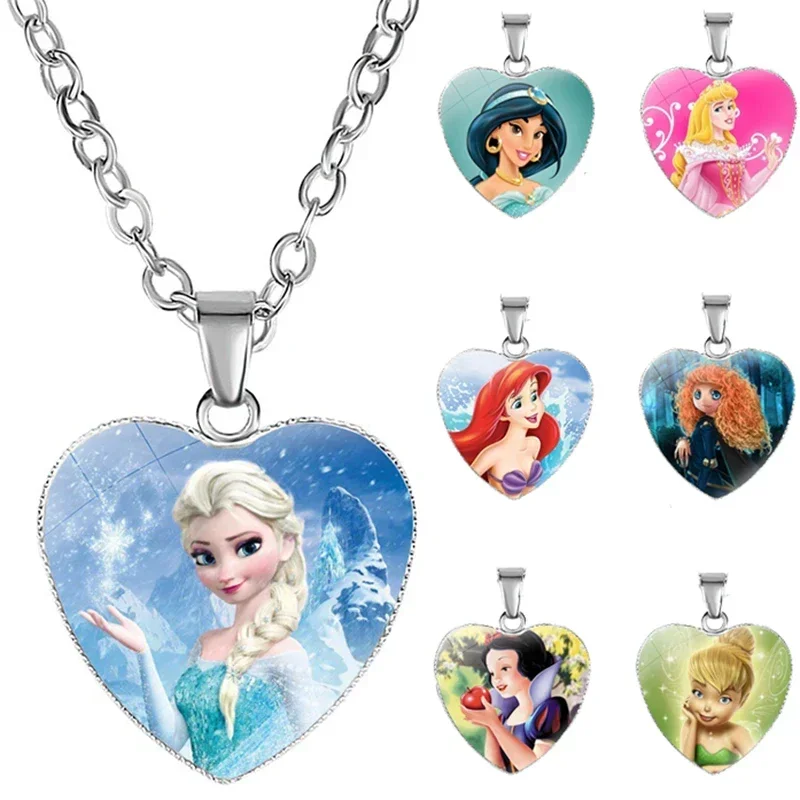 Disney Frozen Elsa Anna Necklace Love Heart Shape Pendant Girls Cartoon Anime Figures Princess Jewelry Accessories Kids Gifts