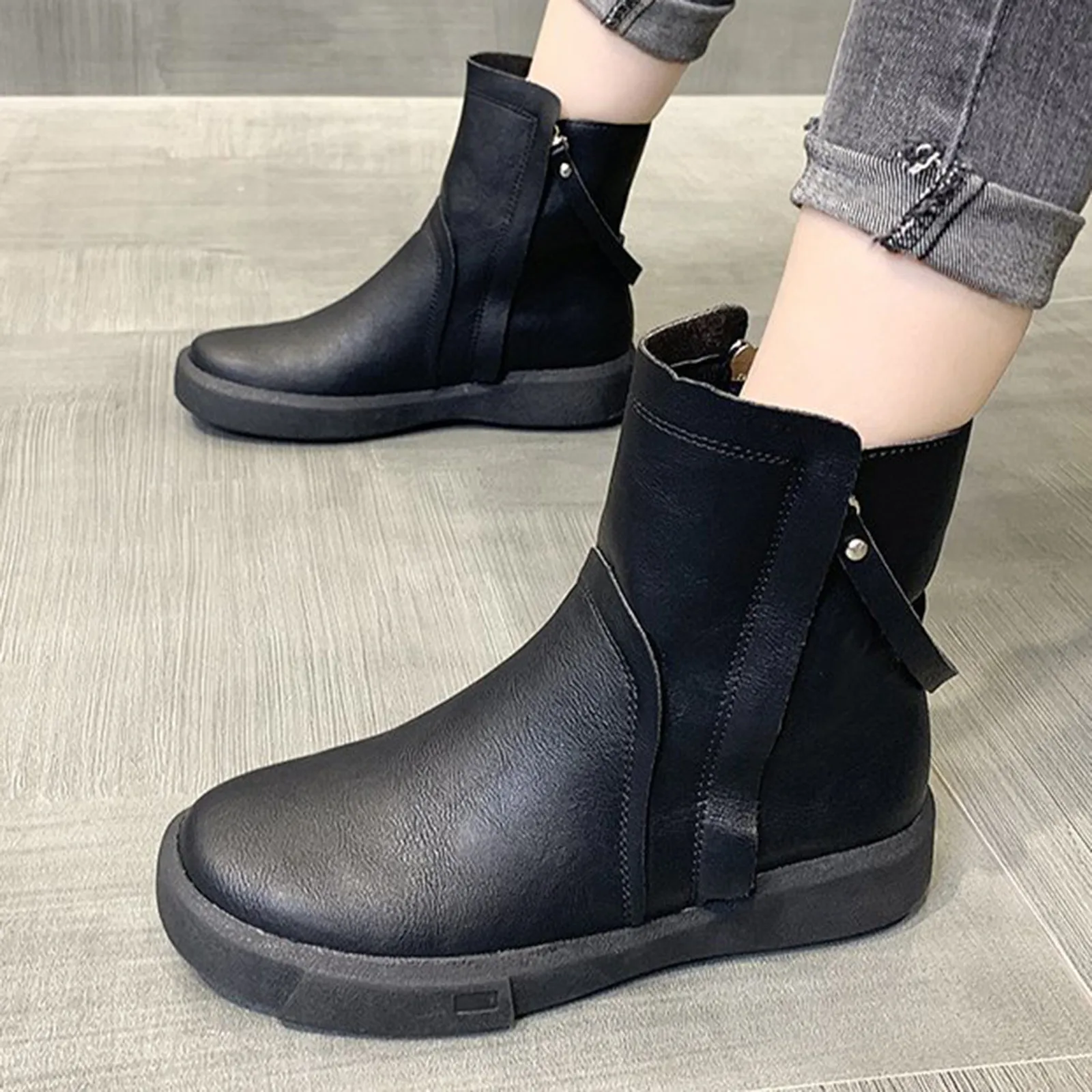 Leather Boots Women Flat Toe Women Fashion Zipper Platform Shoes Shoes Boots Retro Boots Round Women\'S Ladies Shoes And Boots