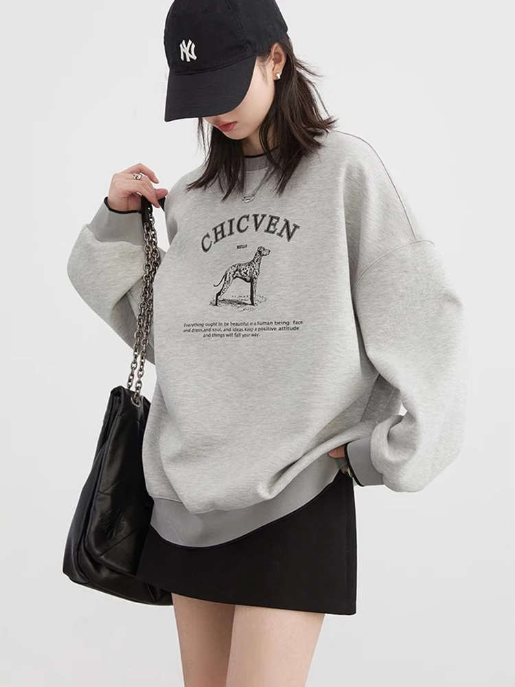 CHIC VEN Women T-Shirts Streetwear Loose Casual New O Neck Letter Print Female Tops Long Sleeved Pullover Tee Spring Autumn 2024