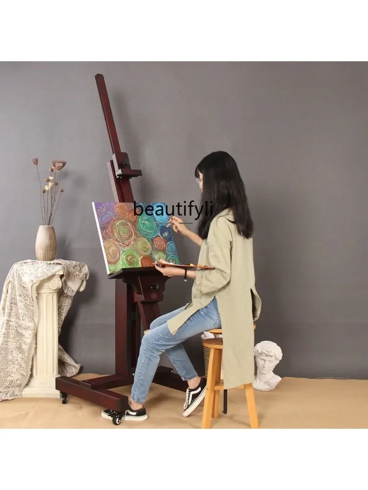 High-End Wooden Oil Painting Easel Beech Display Stand Sketch Gouache Flat Rack Adjustable Flat Dual-Use Telescopic