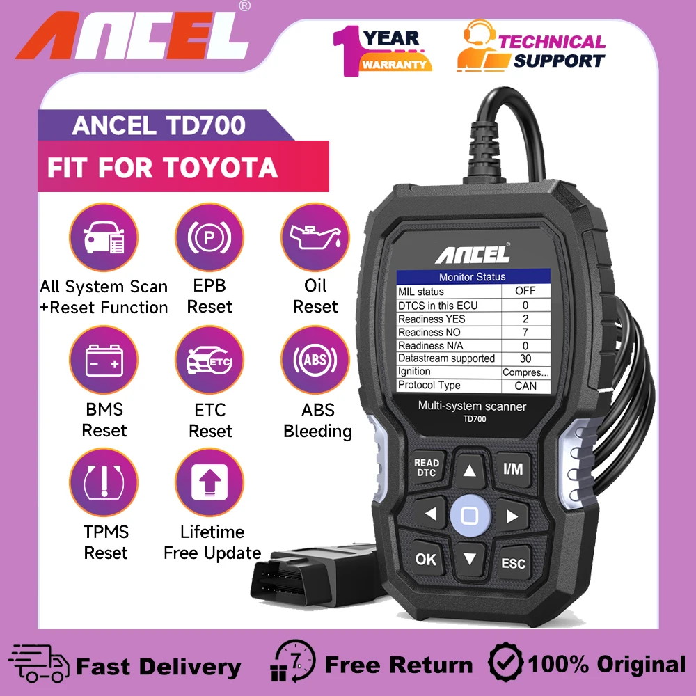 

ANCEL TD700 OBD2 Automotive Scanner Diagnostic Tool TPMS ABS EPB SAS BMS Oil Reset Battery Registration Car Tester for Toyota