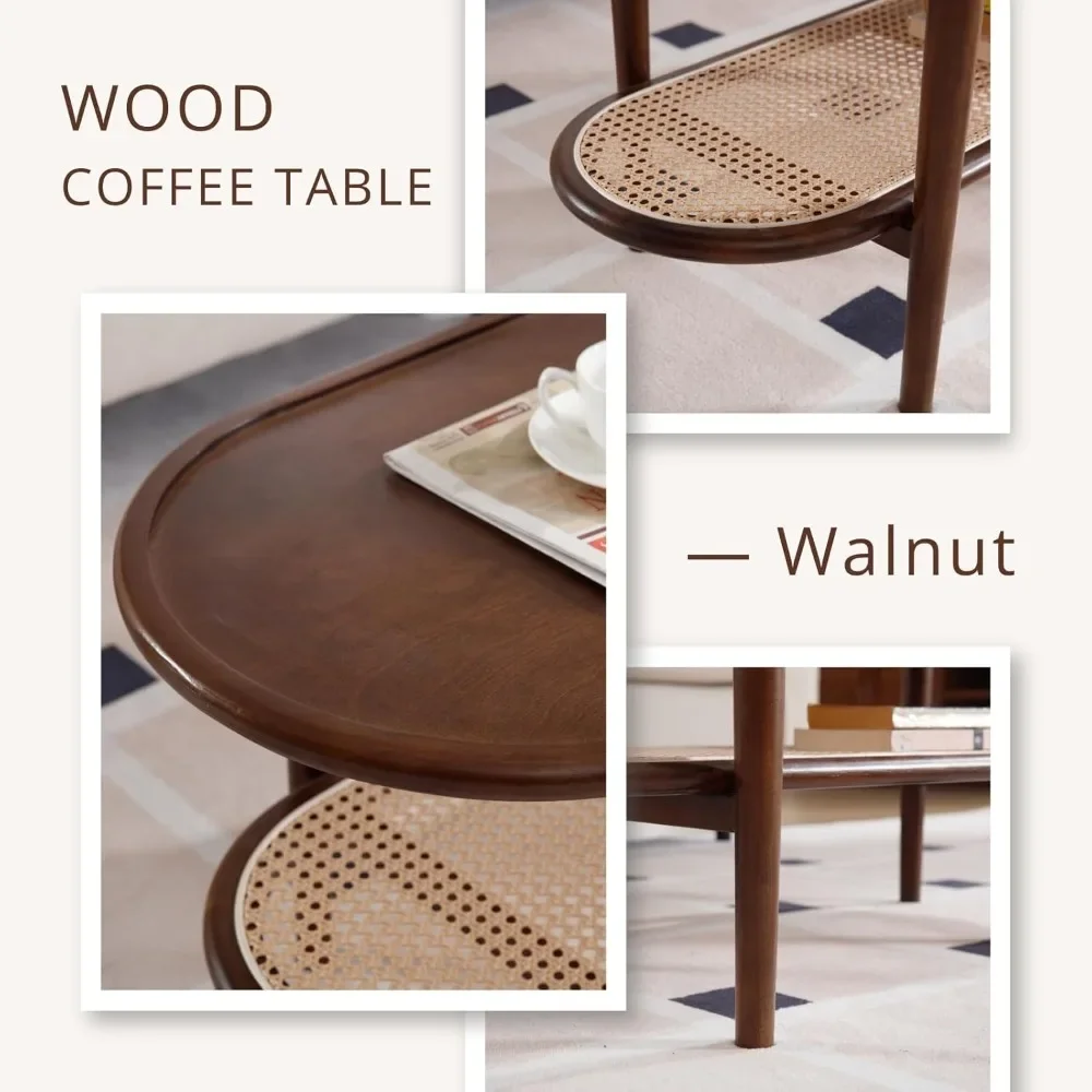 Rattan Coffee Table, Modern Walnut Wood Coffee Table with Rattan Storage Shelf for Living Room, 2-Tier Center Table Side Table