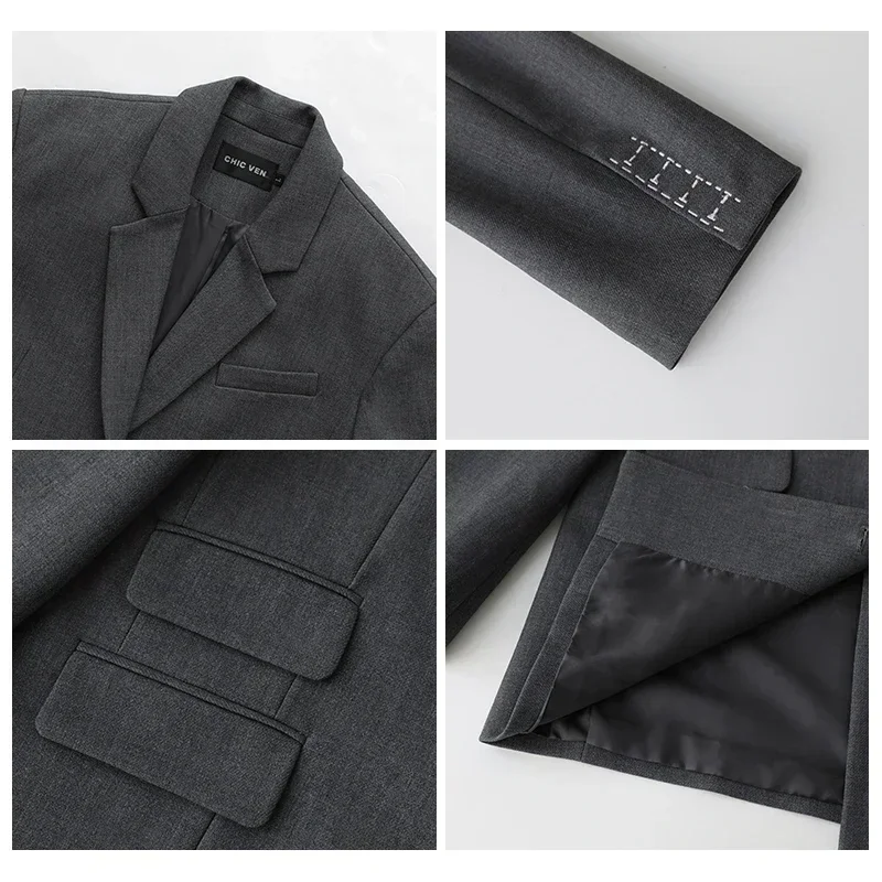 CHICVEN Women Office Lady Blazer Cuff Embroidery Wide Shoulder Twill Suit Women\'s Autumn Ladies Outerwear Stylish Tops
