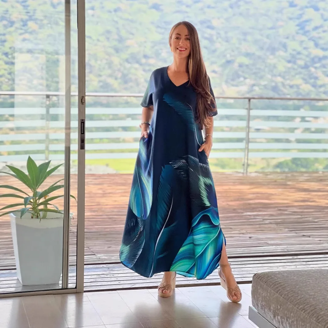 Długa sukienka damska z dekoltem w serek, maxi sukienka w kwiatowy wzór, sukienka plażowa plus size na wakacje, sukienka boho na imprezę dla kobiet, sukienki damskie 2025