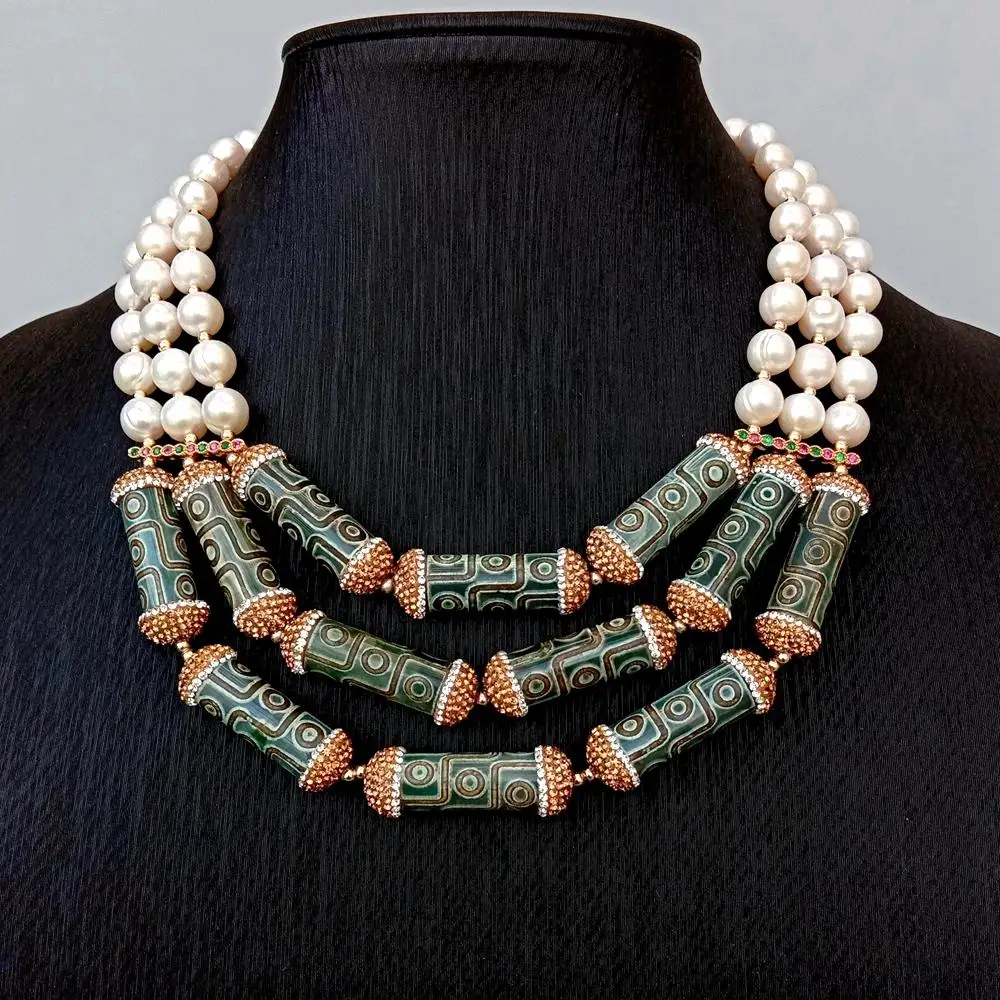 

Y.YING Freshwater Cultured White Pearl Green Agate Tube Shape Rhinestone Pave Statement Necklace 18"