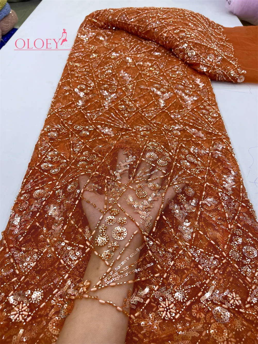 2024 Latest Hot Sale Fashion Africa Lace Fabric High Quality Handmade Embroidery Lace With Beads Sequins Party For Wedding Dress