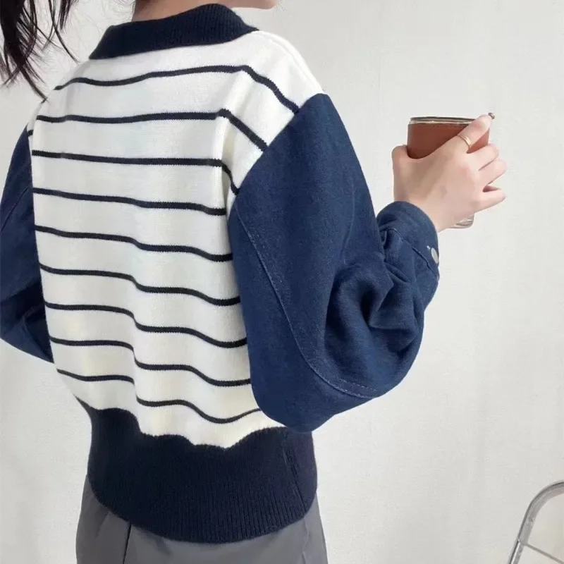 Women Preppy Style Denim Sleeve Patchworks Pullover Turn-collar Striped Sweater Knit Shirts Autumn Winter Loose Casual Jumpers