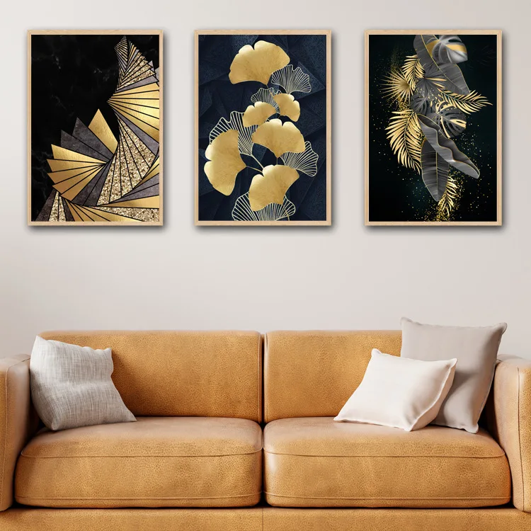 New triptych black gold ginkgo biloba leaf living room bedroom entrance decorative canvas painting