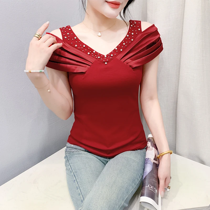 

Sexy V-Ne oulder Bared Top Women's Summer Faion New Beaded Pleated ort Sve Slim Fit f Sve T-irt Cotton Blend