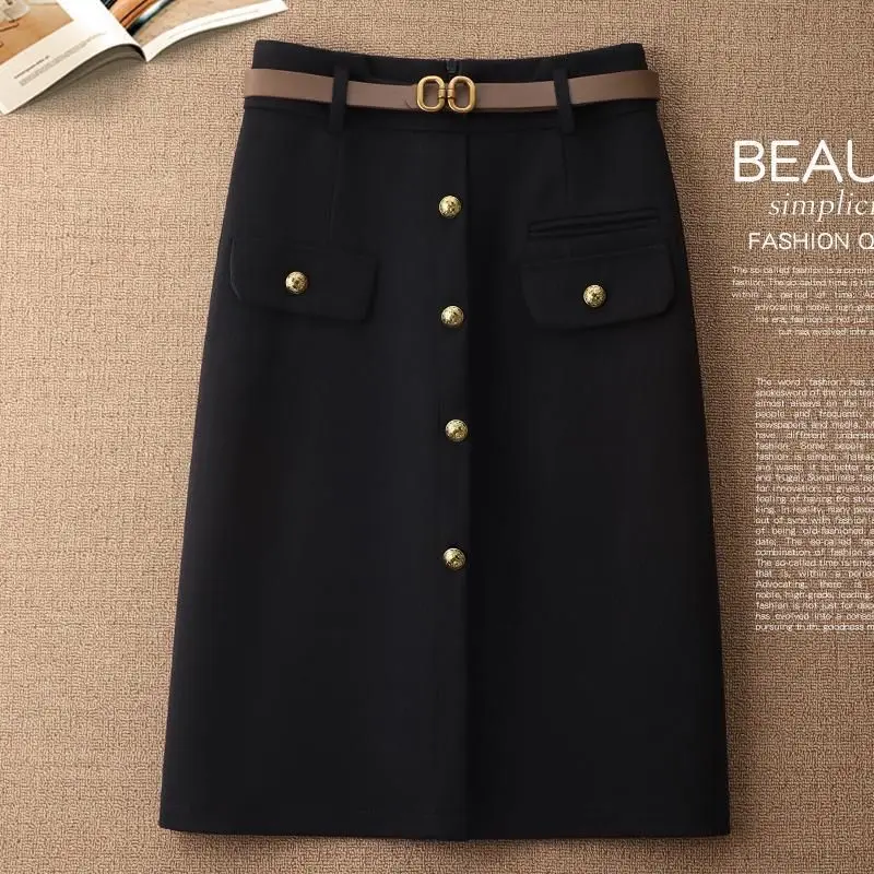 2024 Spring and Autumn Winter New Woolen Half Skirt Women\'s High Waist A-line Hip Wrapping Skirt Medium Length Skirt