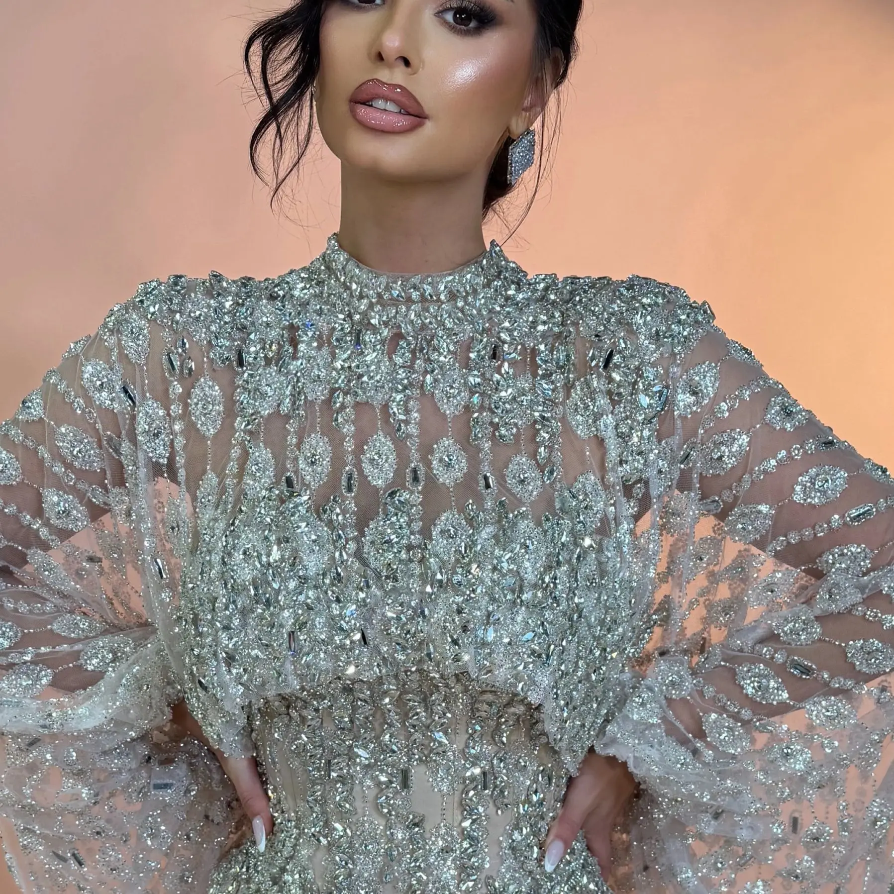 Luxury High Neck Mermaid Prom Gown Silver Fully Crystal Rhinestone Beading Cape Sleeve Evening Dress Pageant Wedding Reception