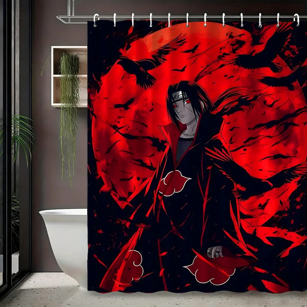 2D Flat Naruto Anime Itachi Uchiha Akatsuki Red Moon Crow Print Waterproof Shower Curtain for Bathroom Decor