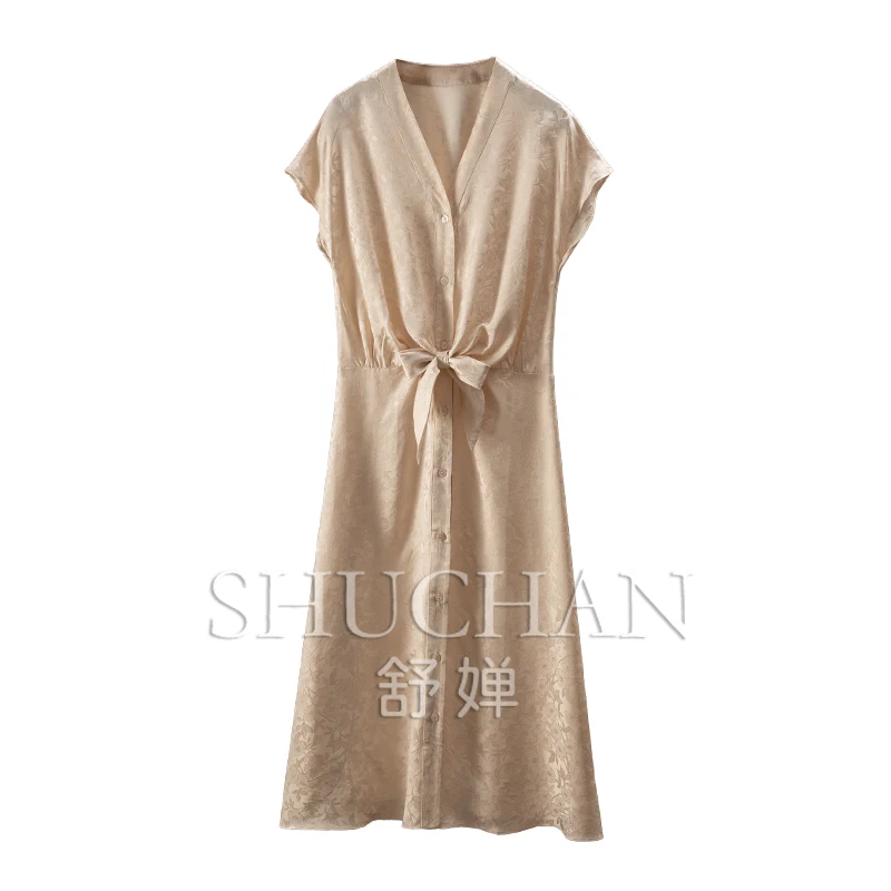

Summer Dresses New Elegant Charming Light Luxury Silk Jacquard V-Neck Bag Rotator Sleeve Waist Dress 54B5
