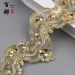 1 Yard Gold Beaded Cording Fabric Flower Venise Venice Mesh Lace Trim Applique Sewing Craft For Bride Wedding Dresses 9cm wide