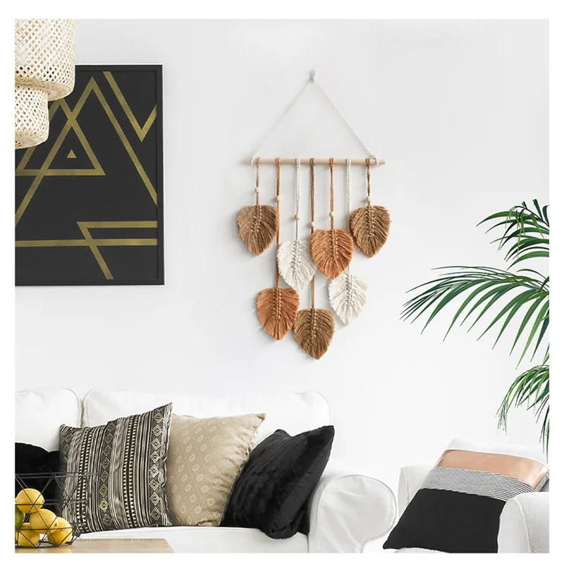 Chic Feather Boho Macrame Wall Decor Handmade Yarn Tassels Woven Wall Art Leaf Tapestry Bohemian Decoration,