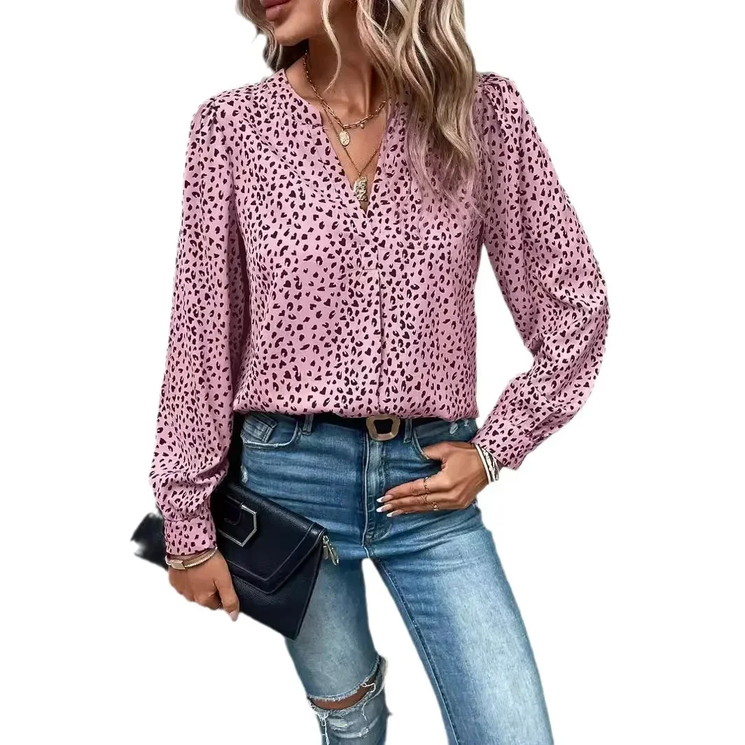 2025 nova moda feminina primavera e verão impressão cor manga longa botão com decote em v casual ajuste camisa superior temperamento