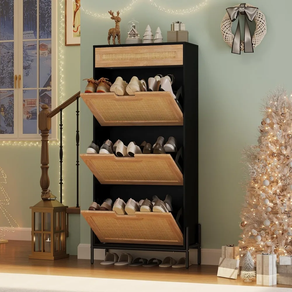 خزانة تخزين من الروطان الطبيعي مع 3 أبواب قابلة للطي ودرج واحد، وخزانة تخزين الأحذية مع رف قابل للتعديل، قائمة بذاتها #2