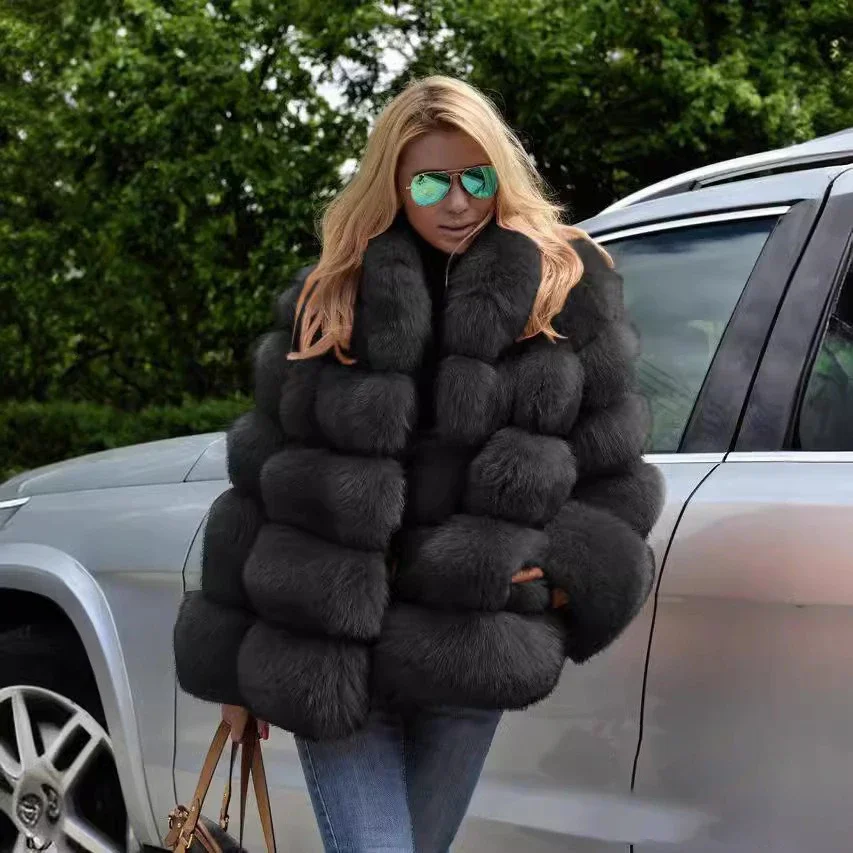 Winter thickened loose temperament commuting solid color rabbit fur fashion coat