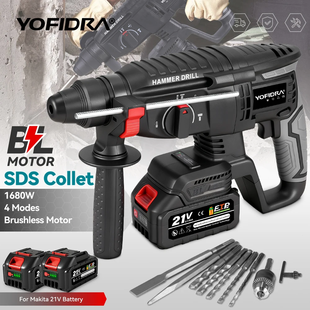 YOFIDRA 1680W marteau électrique sans brosse sans fil multi-fonction perceuse à percussion outil électrique rotatif pour batterie 21V 18V