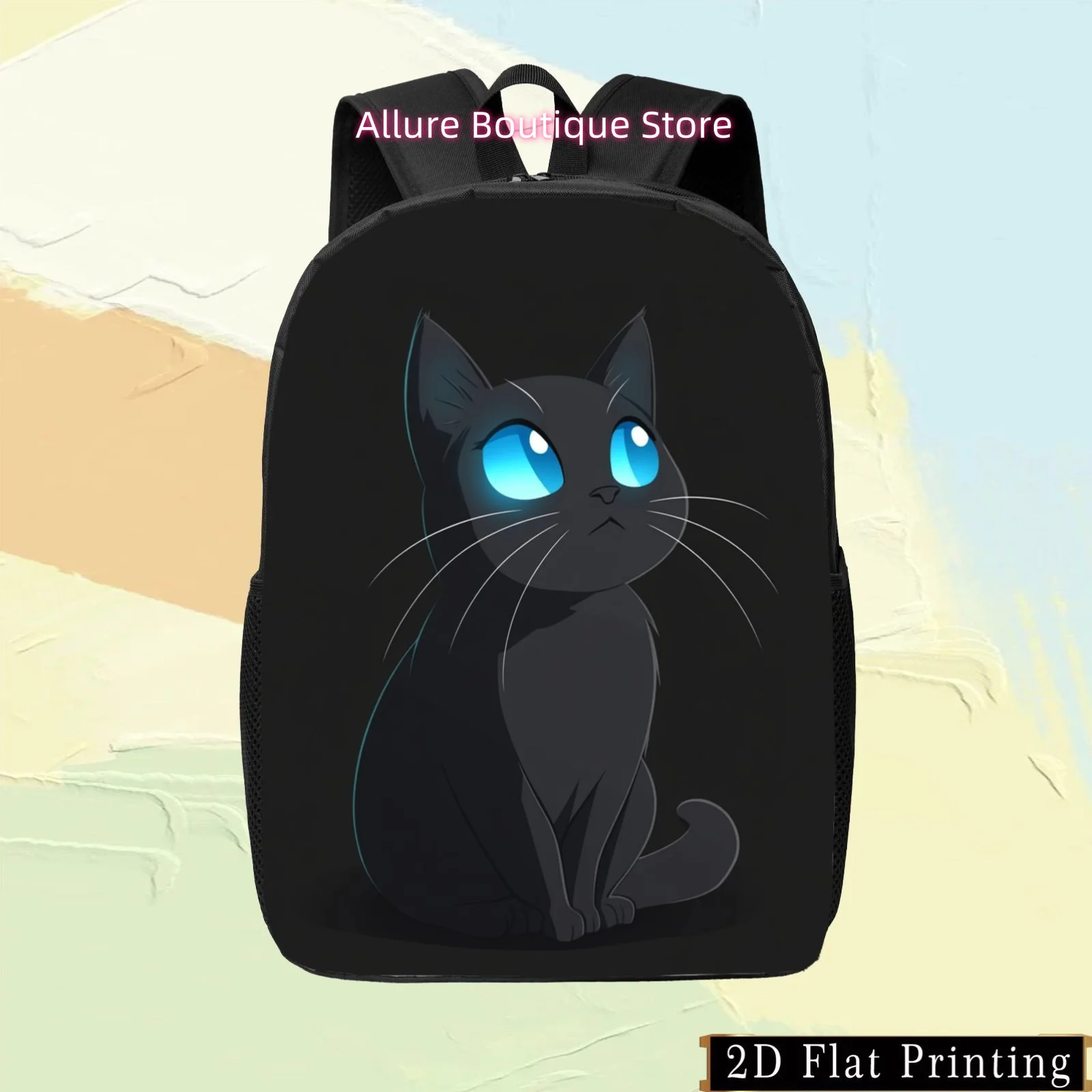 1pc Colorful Single-Sided Print Student Backpack Cartoon Black Cat Print Hand Wash Laundry Tote Bag, Blue Eye Trendy Fashion Sho