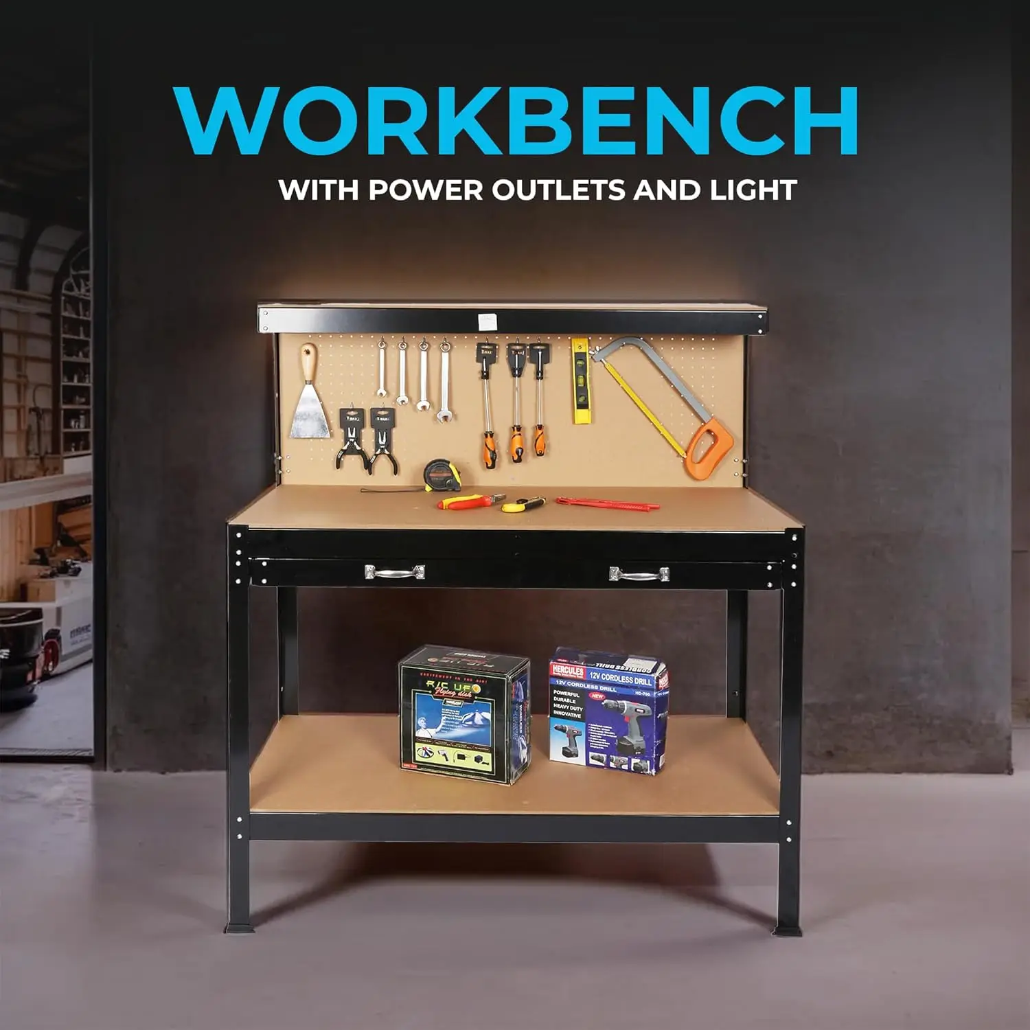 48-Inch Workbench with Power Outlets and Light, Large Capacity 500LBS Evenly Distributed