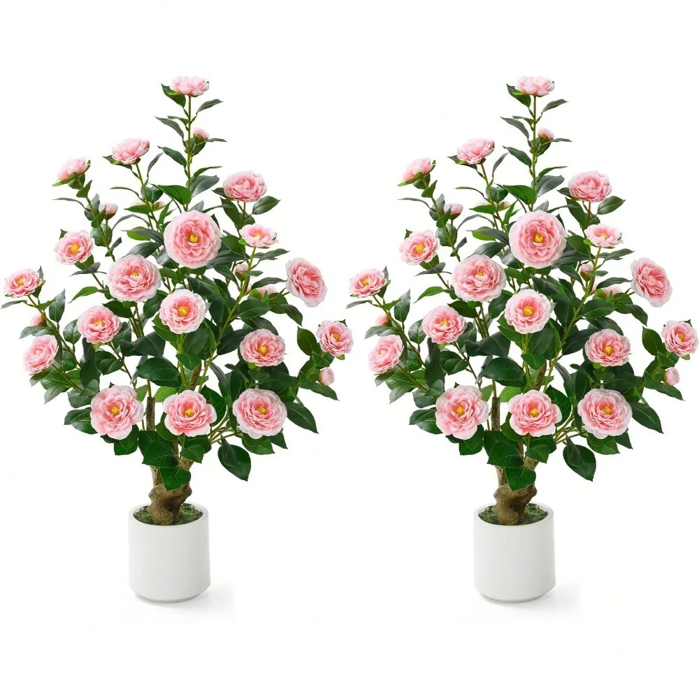 2 Pcs Artificial Camellia Tree, 38 Artificial Tree Plants Outdoor Faux Plants In Pot, Artificial Flower