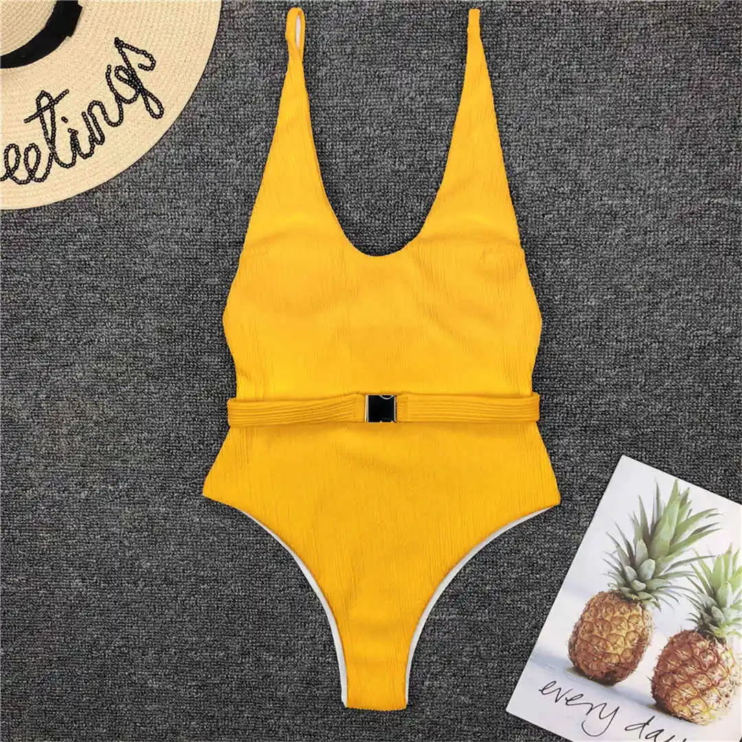 6 Farben, sexy Damen-Badeanzug, gerippt, mit hohem Beinausschnitt, einteiliger Badeanzug für Damen, mit Gürtel, Badebekleidung, Monokini, Damenmodell V1159SW. – Detail 35
