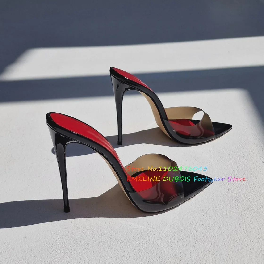 

Black Transparent Flip Flops Women Summer New Sexy Pointy Toe Stiletto Heel Slip On Runway Show High Heel Shoes Ladies Mules